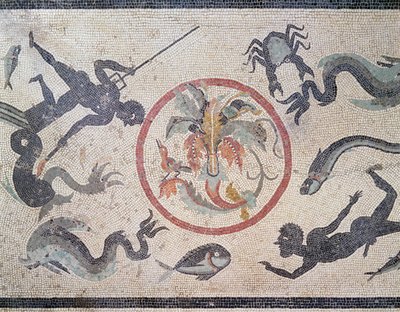 Rybáři a mořští tvorové, 1. století našeho letopočtu (mozaika) od Roman