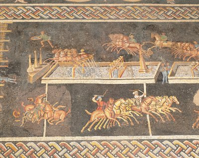 Francie, Lyon, Mozaikové dílo zobrazující hry cirkusu, závod Quadriga od Roman
