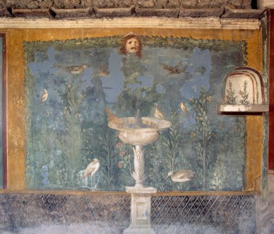 Freska s fontánou, maskou a ptáky, Dům Venuše v Shell, Pompeje (Seznam světového dědictví UNESCO od Roman