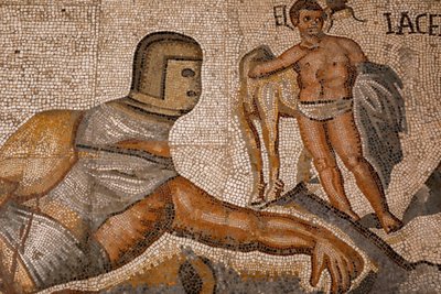 Gladiátorské bitvy. 320-330, mozaika od Roman