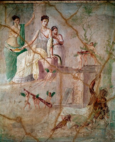 Heracles a Omphale (hercules and Omphale) Římská freska 3. pompejského stylu z Pompejí (Freska z Pompejí) 40-60 n. l. Rozměr 88x103 cm Konzervováno v Národním archeologickém muzeu v Neapoli Itálie od Roman