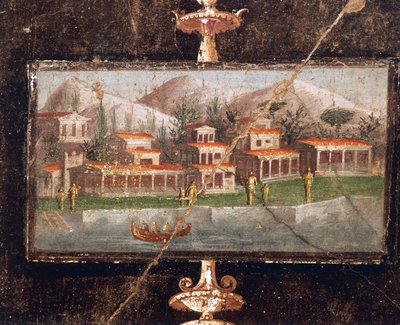 Krajina a architektura v nástěnné malbě v tablinum, Dům Marca Lucrezia Fronta, Pompeje, Kampánie, římská civilizace od Roman