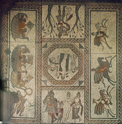 Mozaiková dlažba z římské vily v Low Hamu, ilustrující příběh Dido a Aenea z Vergiliovy Aeneidy, kolem roku 350 našeho letopočtu (mozaika) od Roman