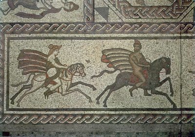 Mozaiková dlažba z římské vily v Low Ham, ilustrující příběh Dido a Aenea z Virgils Aeneid, kolem roku 350 n. l. detail mozaiky z roku 5959 od Roman