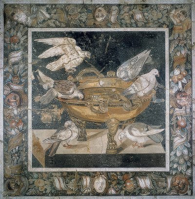 Mozaika z Pompejí se skupinou holubů na okraji labra. 3. století před naším letopočtem od Roman