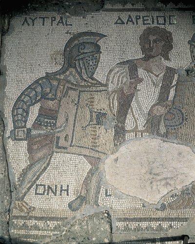 Obraz dvou gladiátorů na mozaikové stěně, Kourion, Limassol, Kypr od Roman