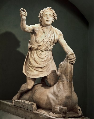 Pentelický mramor Mithra zabíjející býka, podepsaný Kritonem z Atén, z Mithraea z Mithra, Ostia Antica (mramor) od Roman