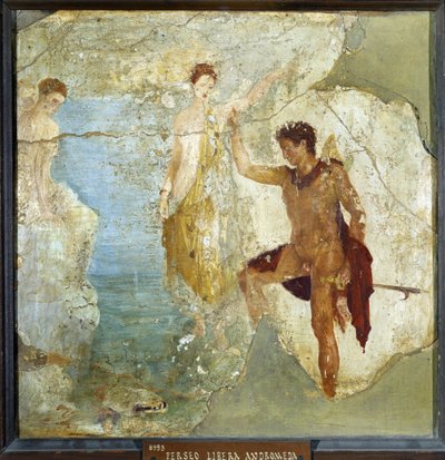 Perseus osvobozující Andromedu. Freska 37,5x37,5cm. Pochází z Domu pěti kostlivců (Casa dei cinque Skeletri) v Pompejích. sd. Národní archeologické muzeum, Neapol (Musee archeologique de Naples). © Raffael / Leemage od Roman