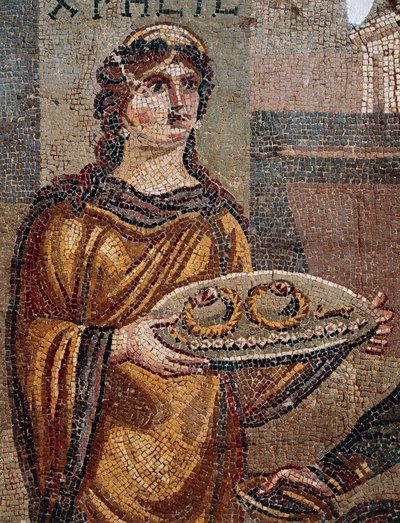 Vězeň Chresis dává klíče svého výkupného svému vězniteli Agamemnonovi, Detail z Mosaic of Chresis odkrytý v Daphne, Antioch, Turecko od Roman