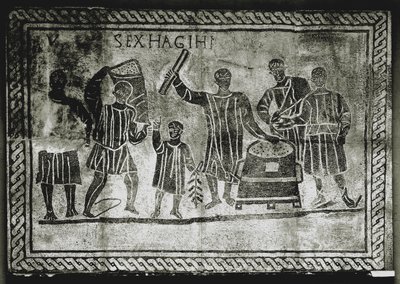 ŘÍMSKÉ UMĚNÍ: Měření zrna (kukuřice). Dávka obilí, kterou Gaius Gracchus ..., 2. století n. l. (mozaika) od Roman