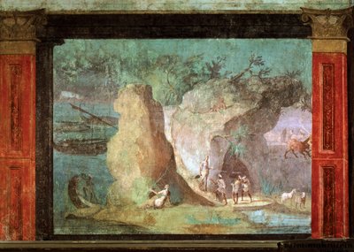 ŘÍMSKÉ UMĚNÍ: Scéna z Odyssey. Odysseus v paláci Crce. Freska z..., 50-40 př. n. l. (freska) od Roman