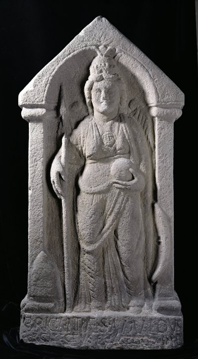 Reliéfní socha zobrazující Brigantia, bohyni domorodých obyvatel severní Británie, jako římskou bohyni, z Birrens, Middlebie, Dumfriesshire (kámen) od Roman