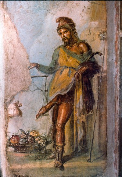 Představení řeckého božského Priapea, boha plodnosti, s obrovským penisem neustále v erekci. Detail fresky Pompeje. Casa dei Vettii. 1. století našeho letopočtu. od Roman