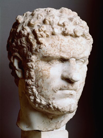 Římské umění: “” Mramorová hlava Caracally (188–217), císař v letech 211 až 217 n. l., 211–217 n. l., rozm. 28 cm - Řím, Palazzo dei Conservatori, Itálie - Hlava Caracally (188-217) - Mramorová socha od Roman