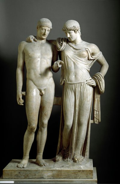 Římské umění: “” Oreste et Electre “” - Mramorová socha z Pozzuoli (Pozzuoli) 1. století n. l., Rozměr 160 cm - Národní archeologické muzeum, Neapol - Římská civilizace: Electra a Orestes - Mramorová socha (V. 160 cm) od Roman