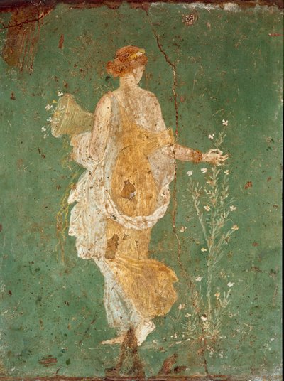 Římské umění: "" Jaro "" Flora (Flora) trhající květiny. freska z vily Varano a Stabies (Stabiae), poblíž Pompejí. 15 př. n. l. – 60 n. l. Národní archeologické muzeum, Neapol - římské umění: jaro, flóra, trhání květin. Čerstvé z vily Varano v Stabiae od Roman