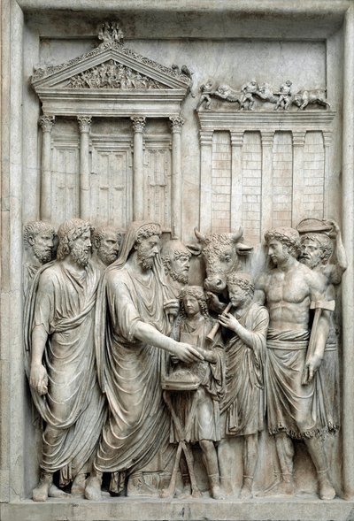 Římský císař Marcus Aurelius obětující před Jupiterovým chrámem, Řím, cca 161-180 (mramorový reliéf) od Roman