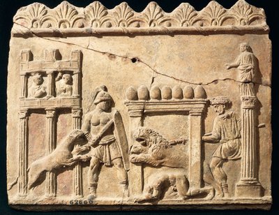Římský reliéf zobrazující lvy a gladiátory bojující v cirkuse od Roman