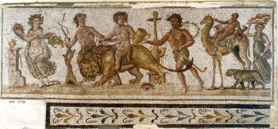 Římský starověk: “”Dionysian Process””” Silene jede na velbloudovi, menáda hraje na nástroj. Mozaika z El Jem (Thysdrus). 3. století našeho letopočtu. El Djem (Thysdrus), archeologické muzeum od Roman