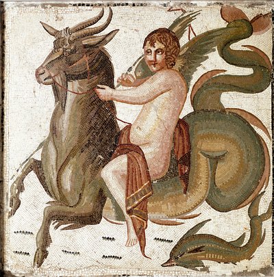 Římské umění: „Amor jezdící na mořském tvorovi““ Mozaika z vily rodiny císaře Septia Severea. Konec 2. století po JC. Řím, Museo Nazionale Romano od Roman