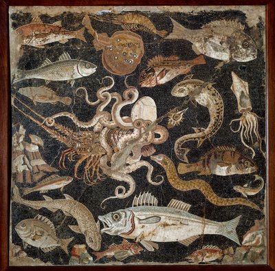 Římské umění: „“Mořská fauna““ Mozaika 2. století. Neapol, Museo Archeologico Nazionale, inv. 120177 - Římské umění: Podmořský život. Mozaika z 2. století před naším letopočtem. Národní archeologické muzeum, inv. 120177, Neapol, Itálie. od Roman