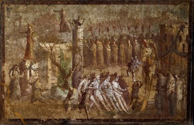Římské umění: „Tabula Iliaca““ vstup trojského koně. Trojané přitáhnou koně ke hradbám, zatímco se jim Cassandre snaží vzdorovat. Freska z Pompejí. Neapol, Museo Archeologico Nazionale od Roman
