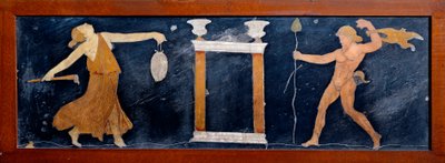 Římské umění: hrozba a satyr tančící poblíž chrámu. Freska z Casa dei Capitelli dorati v Pompejích. 1. století našeho letopočtu. Neapol, Archeologické muzeum od Roman