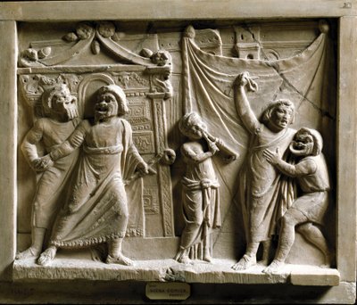 Římské umění: komediální divadelní scéna (komedie) z díla „Andria“ od Terence (Publius Terentius Afer) (185-159 př. n. l.), reliéf z Pompejí - Museo Archeologico Nazionale Neapol - Scéna řecké komedie Andria, od Terence (Publius Terentius Afer) (195/185-15 od Roman