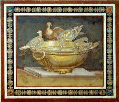 Římské umění: čtyři holubice pijící fontánu. Mozaika pocházející z Villa Adriana (Villa d