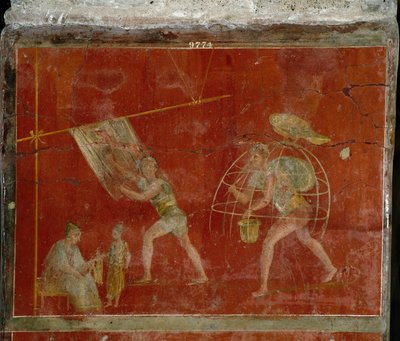 Římské umění: „fullonica“““ nebo běhoun“ scéna představující čištění oděvů. Freska z vily Fullonica stephani (La fullonica de Stephanus) v Pompejích, která sloužila jako prádelna a barvírna. Malba z 1. století našeho letopočtu. Neapol, Museo od Roman