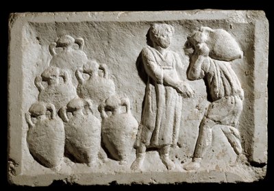 Římské umění: „“ nakládání a ukládání džbánů na víno“““ Reliéf. 2. století našeho letopočtu. Řím, Muzeum římské civilizace od Roman