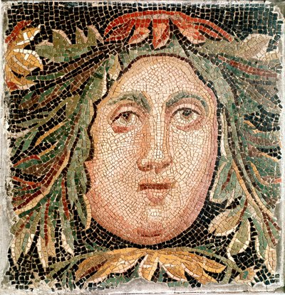 Římské umění: mozaika představující hlavu mořského božstva. 3. století našeho letopočtu. Řím, Museo Nazionale Romano - římské umění. Mořské božství. Mozaika, 3. století našeho letopočtu. Museo Nazionale Romano, Řím, Itálie - římské umění. Mořské božství. M od Roman
