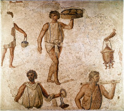 Římské umění: služebnictvo na hostině. Fragment mozaiky z Kartága, Tunisko. 180-190 našeho letopočtu. Paříž, muzeum Louvre od Roman