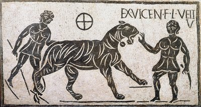 Římské umění: „“dvě ženy krotí tygra“““ Mozaika z Castra pretoria v Římě. 1. století našeho letopočtu. Řím, Museo Nazionale Romano od Roman