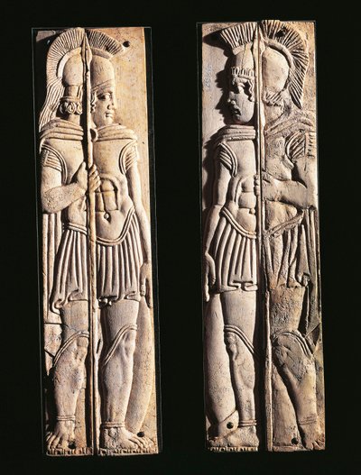 Římská civilizace, dvojice kostěných rytin válečníků, z Praeneste, region Lazio, Itálie od Roman