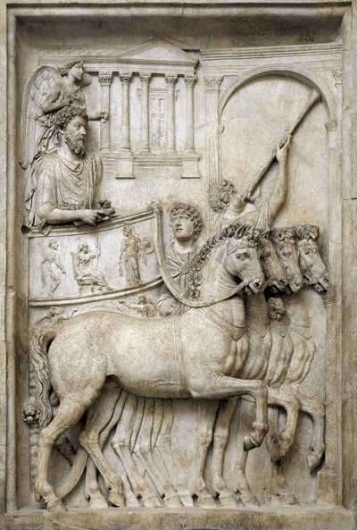 Římský císař Marcus Aurelius na svém triumfálním vozíku, 2. století (mramorový reliéf) od Roman
