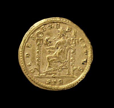 Solidus (revers) Konstantina I. Velikého (306-337 nl) zobrazující Fida sedícího vlevo na trůnu. Nápis: FIDES EXERCITVS (zlato) (avers viz 119150) od Roman