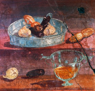 Zátiší s česnekem, datlemi a medem, dvě zlaté a stříbrné mince mezi ovocem, nástěnná malba z Domu jelenů, Herculaneum (Seznam světového dědictví UNESCO od Roman