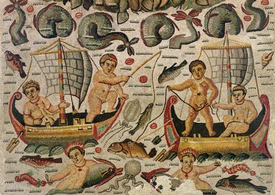 Triumf Neptuna a Amfitritu, detail mozaiky lovících amorů od Roman