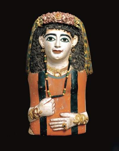 Mumiová maska, 60–70 n. l. (lakovaná kartonáž, sádra a rostlinná vlákna) od Roman Period Egyptian