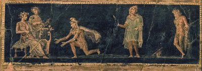 Hudební soutěž mezi Apollónem a Marsyasem, 1. století před naším letopočtem. INZERÁT. od Roman Pompeian wall painting.