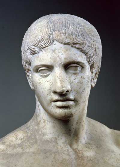 Atlet, známý jako „The Doryphorous“, detail hlavy, římská kopie podle originálu Polykleitos (fl.c.450-c.415 př.nl) v Pompejích (mramor) (detail 119501) od Roman Roman