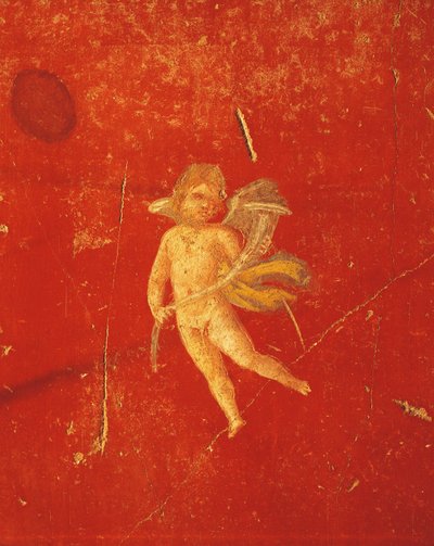Cherubín v červeném pompejském pozadí, freska ve čtvrtém pompejském stylu, z domu Pinario Ceriale, Pompeje, Kampánie, římská civilizace od Roman Roman