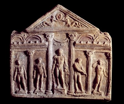 Dekorativní terakotová deska zvaná Campana představující chrám se sochami včetně sochy Herkula uprostřed. Starověký Řím. Paříž, muzeum Louvre od Roman Roman