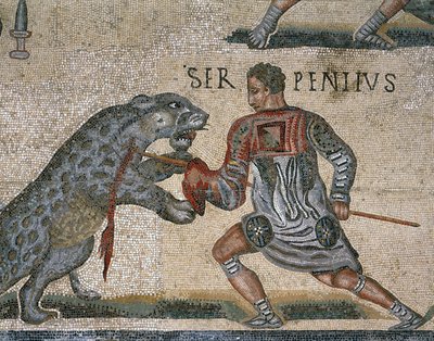 Detail mozaiky Gladiator Fight, původně z Torre Nuova od Roman Roman