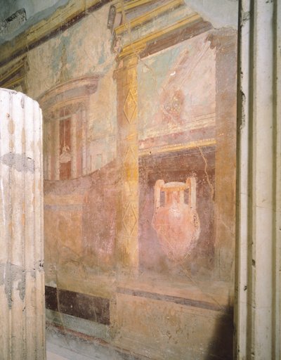 Detail fresek v sále triklinia, Dům labyrintu, Pompeje, Kampánie, římská civilizace od Roman Roman
