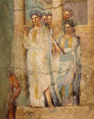 Freska zobrazující Ifigenie v Býku, Detail služebných, z domu L. Caecilia Gioconda v Pompejích, Itálie od Roman Roman
