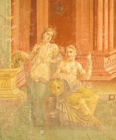 Freska ve čtvrtém pompejském stylu na červeném pozadí, dům Pinario Ceriale, Pompeje, Kampánie, římská civilizace od Roman Roman