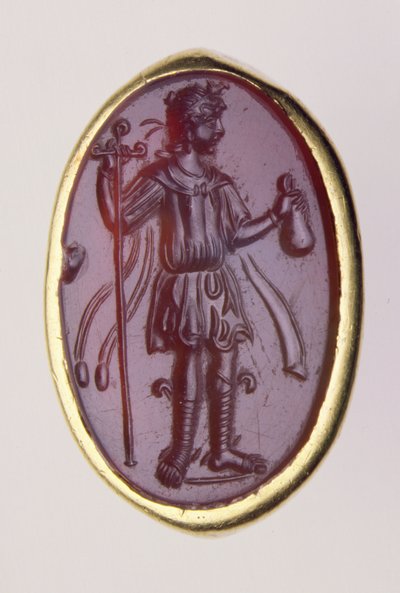 Hlubotisk zasazený do zlatého prstenu zobrazujícího mladou mužskou postavu, 2. století př. n. l. (zlato a sard) od Roman Roman