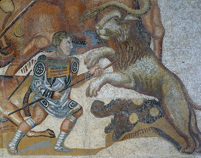 Mozaika zobrazující scénu lovu divoké zvěře, detail gladiátora zabíjejícího divoké zvíře od Roman Roman